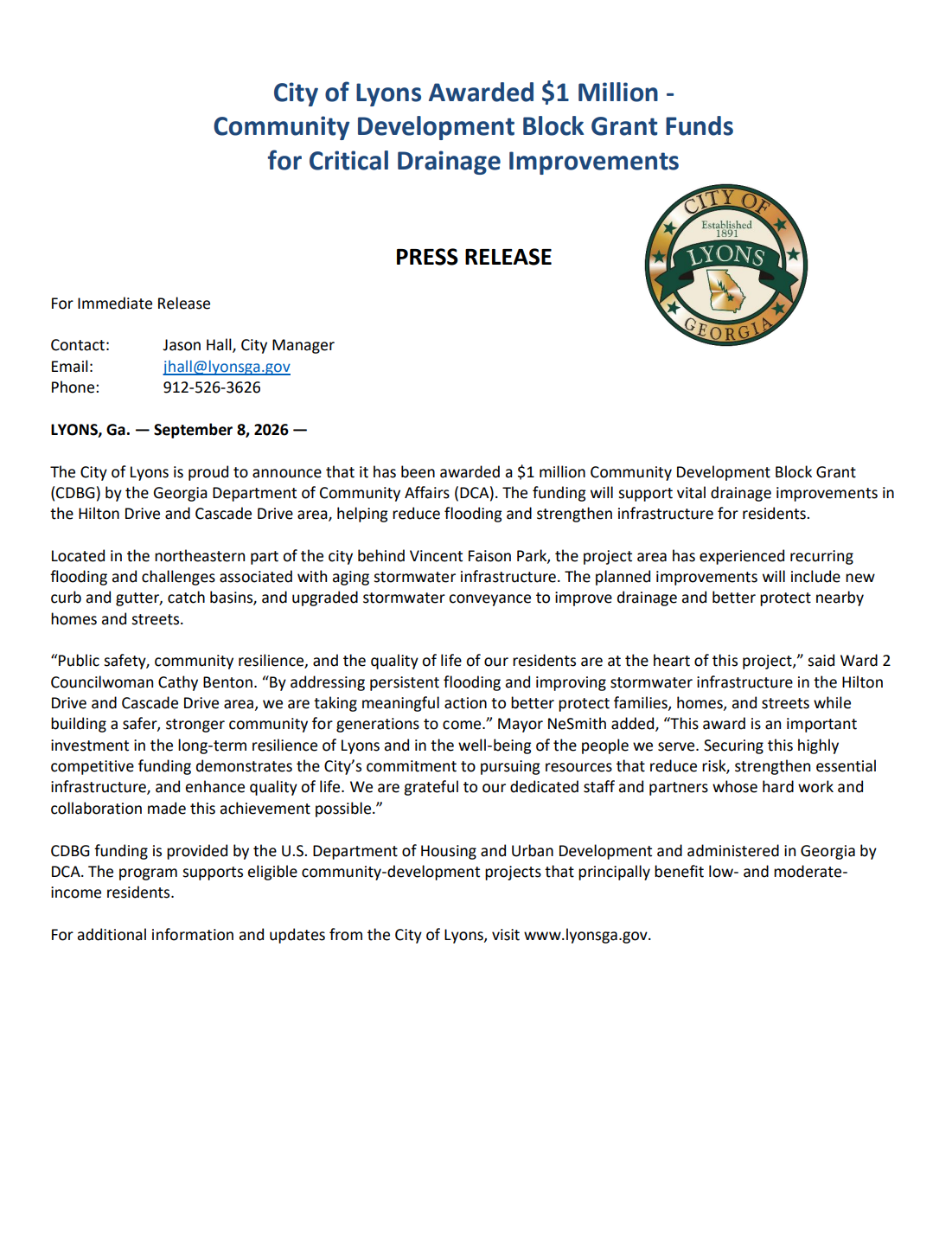 City of Lyons Press Release